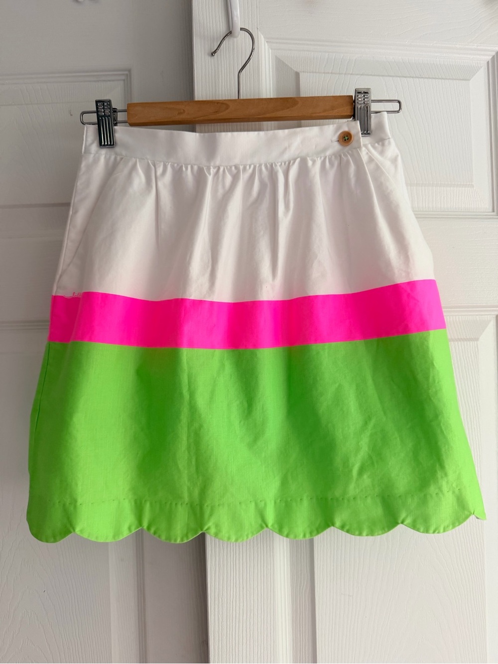 Lilly Pulitzer XS Colorblock Scalloped Hem Skirt White Pink Green Preppy Tennis